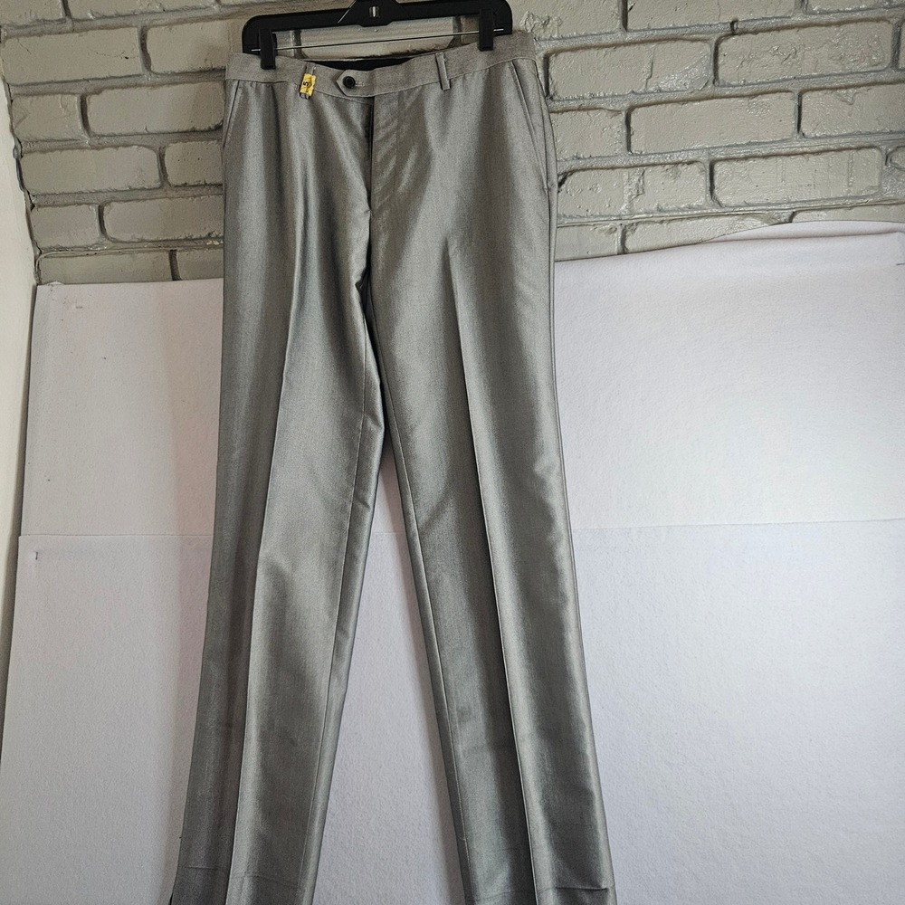 Eleganza Mens Dress Pants 34S Metallic Silver Grey Flat Front Extra Fine Fabric